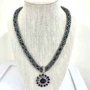 Black purple silver hand beaded necklace 12mm hand bezeled purple crystal  21"